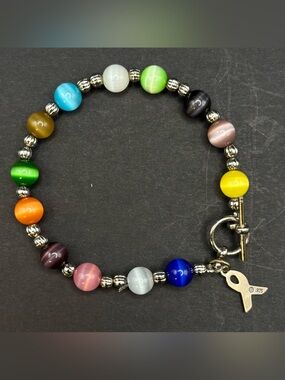 SJC 925 Sterling Silver Charm Multi Cancer Awareness Ribbon Bracelet Cats Eye